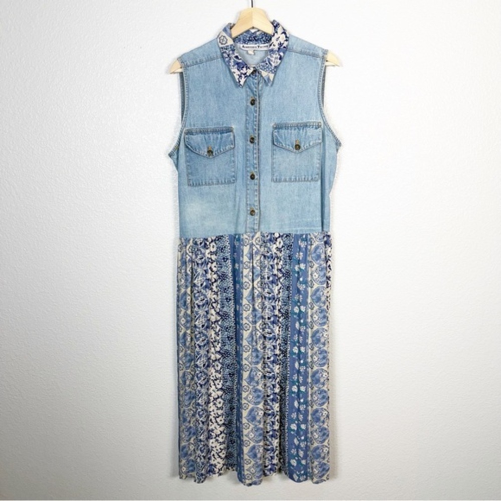 Vintage 90s Cottagecore Sz 12 Denim Chambray‎ Sleeveless Floral Skirt Midi Dress